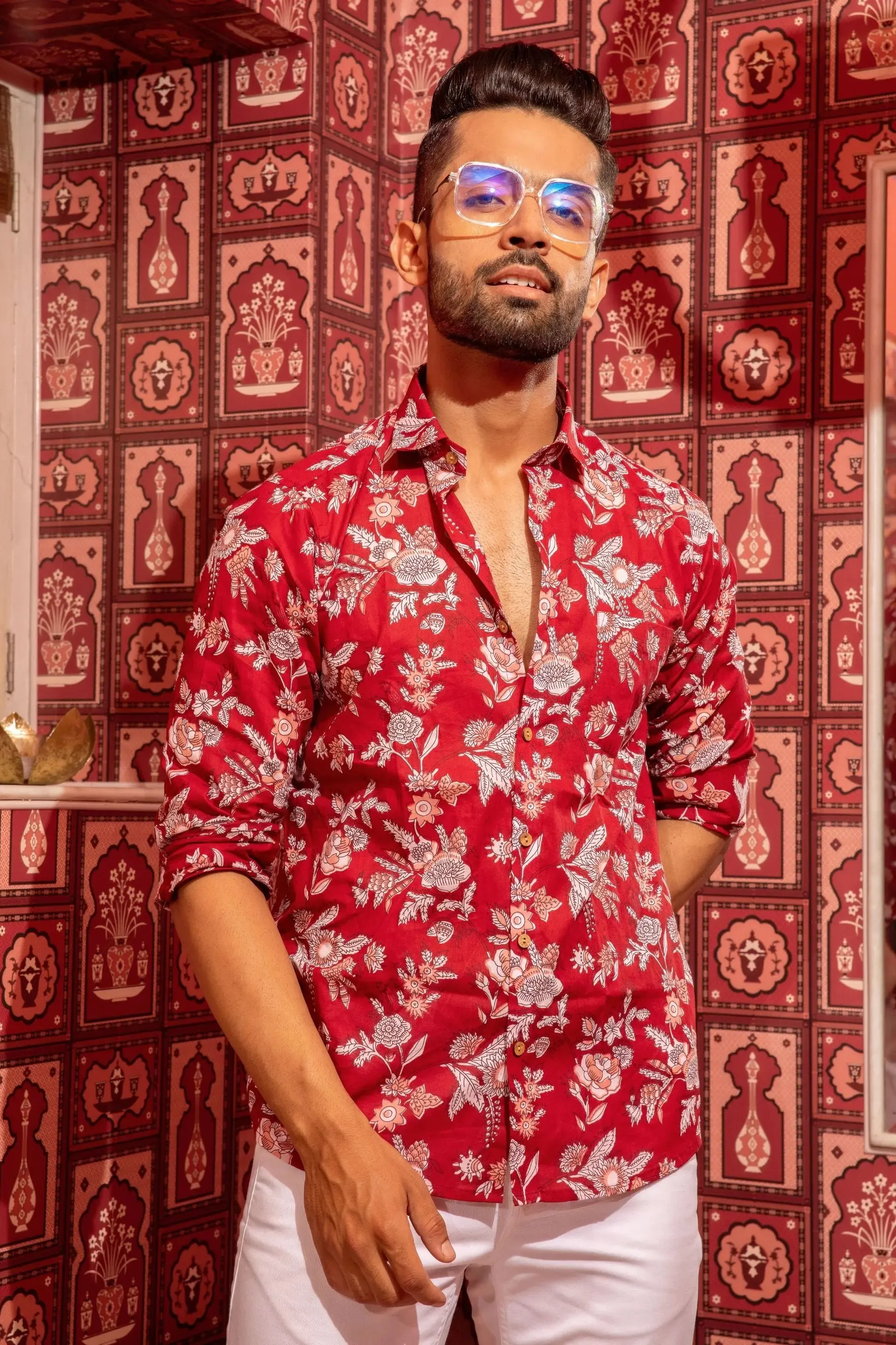 Firangi Yarn Maroon 100% Cotton Floral Shirt For Men - Full Sleeves