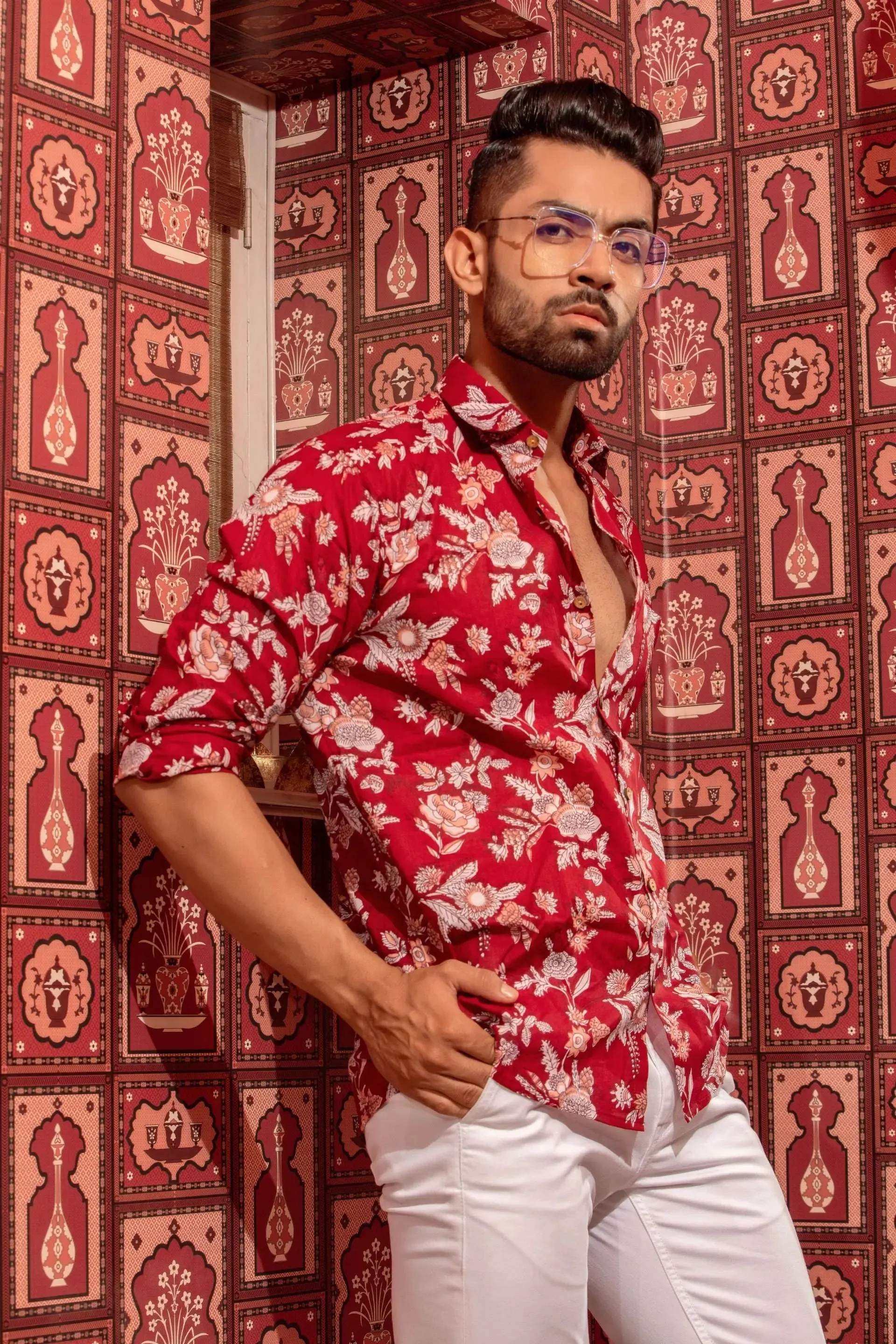 Firangi Yarn Maroon 100% Cotton Floral Shirt For Men - Full Sleeves