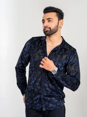Firangi Yarn Spread Collar Full Sleeves Sheen Party Shirt - Black/Blue