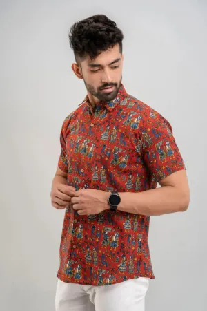 Firangi Yarn Warli Block Printed Cotton Red Shirt For Men