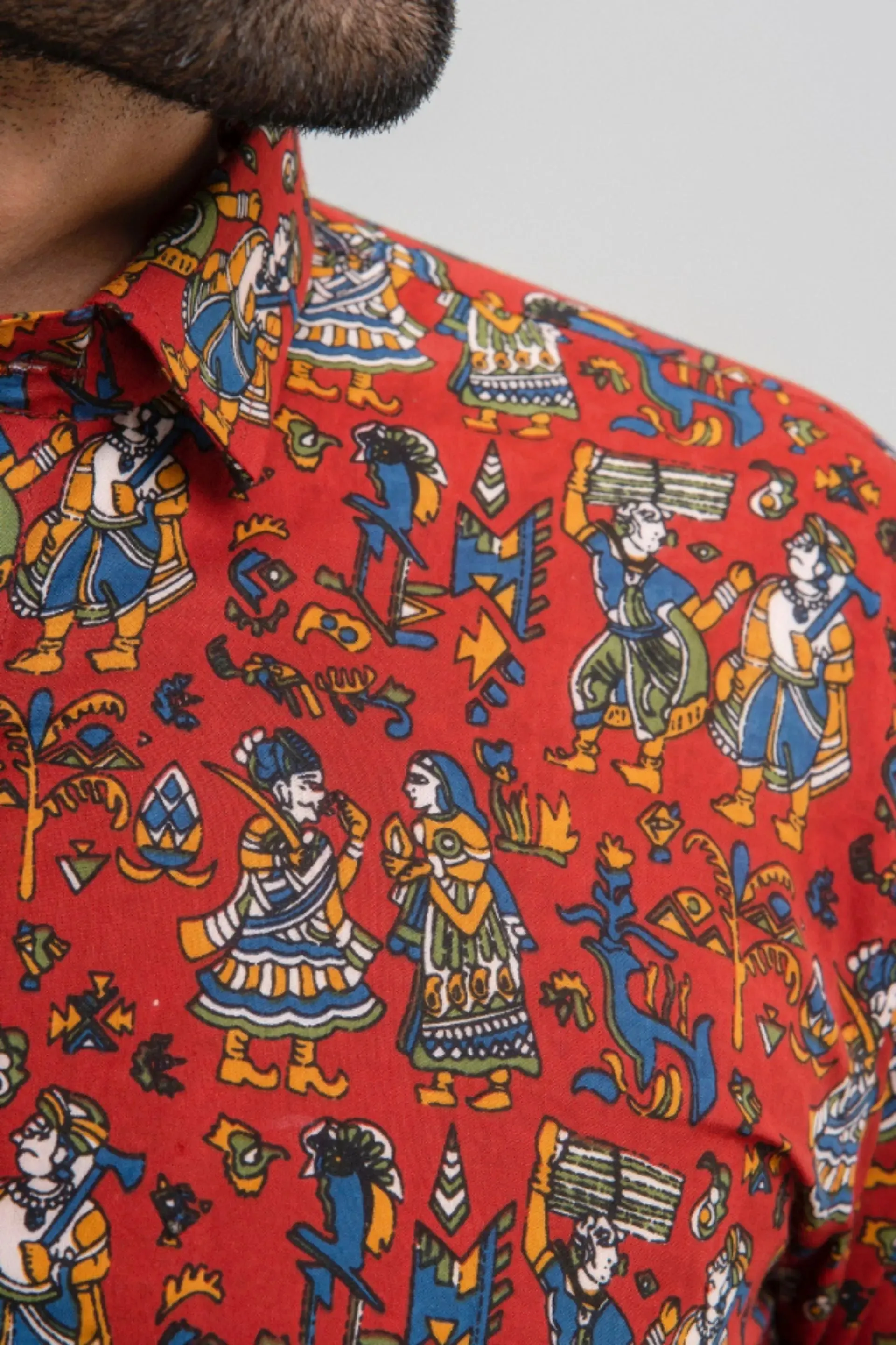 Firangi Yarn Warli Block Printed Cotton Red Shirt For Men