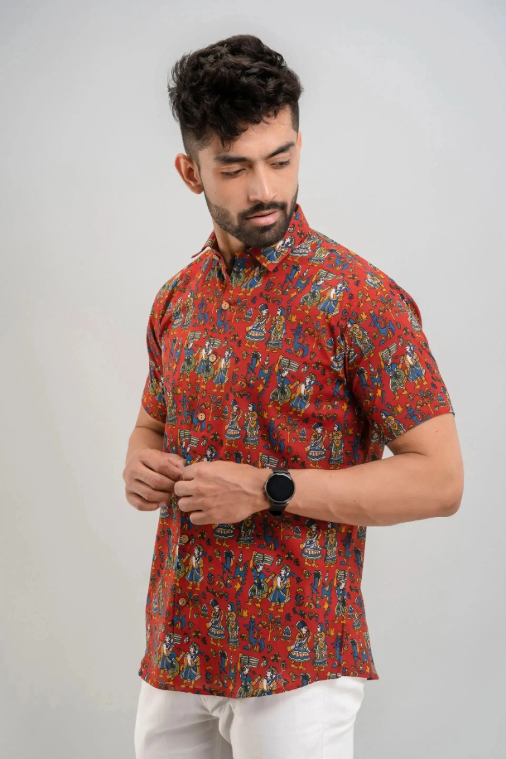 Firangi Yarn Warli Block Printed Cotton Red Shirt For Men