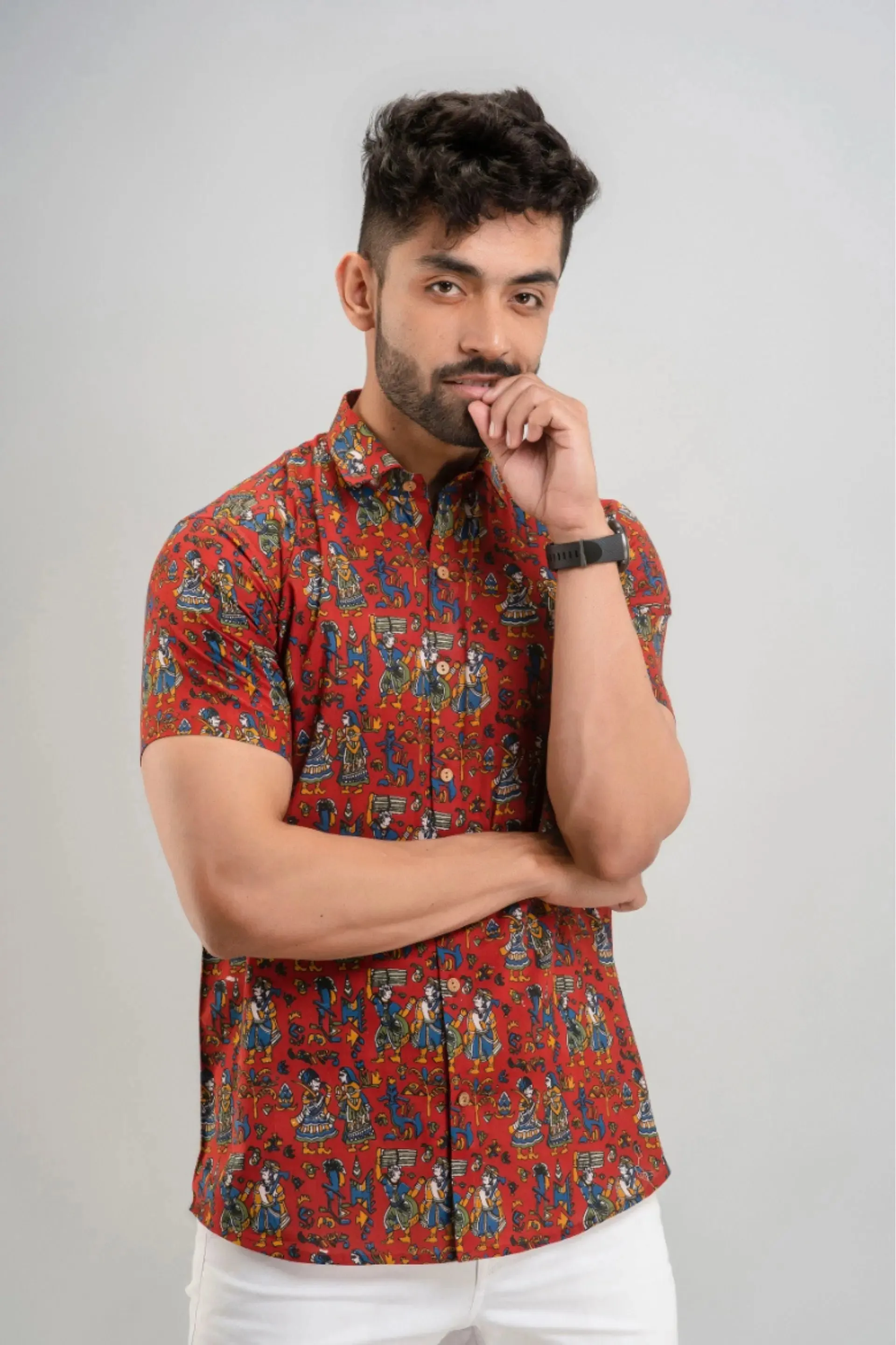 Firangi Yarn Warli Block Printed Cotton Red Shirt For Men