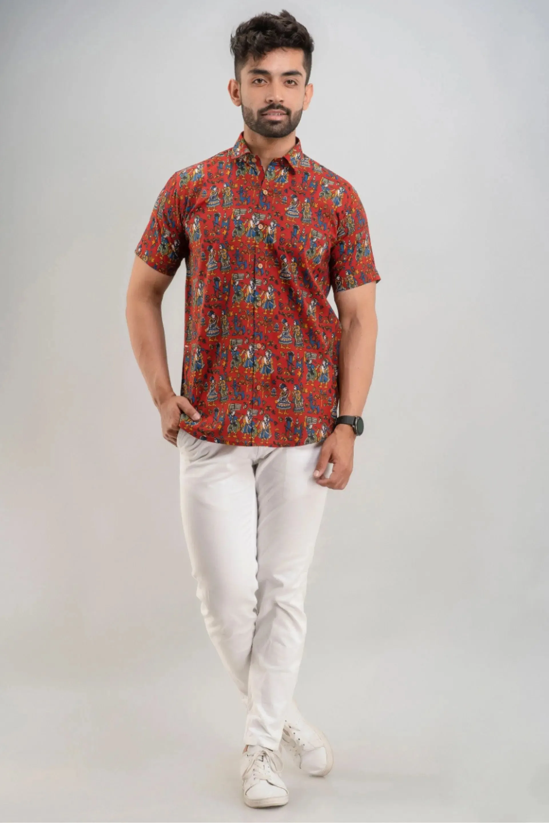 Firangi Yarn Warli Block Printed Cotton Red Shirt For Men