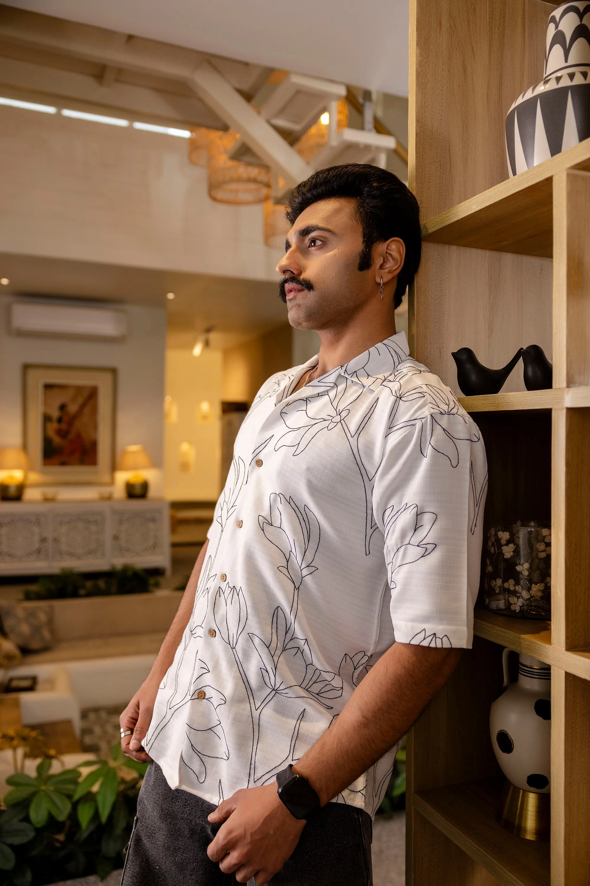 Firangi Yarn White Linen Cuban Collar Embroidered Shirt - Whitefield