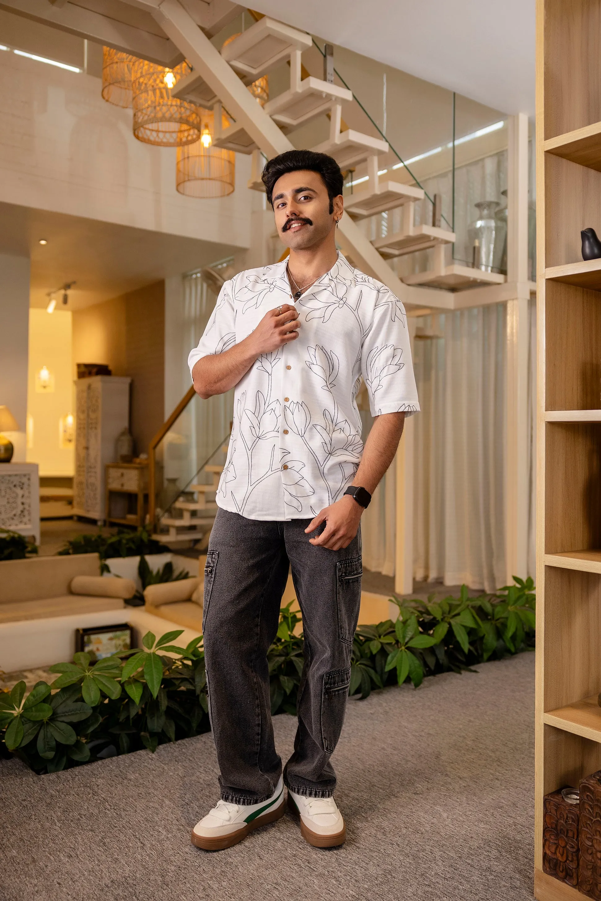 Firangi Yarn White Linen Cuban Collar Embroidered Shirt - Whitefield