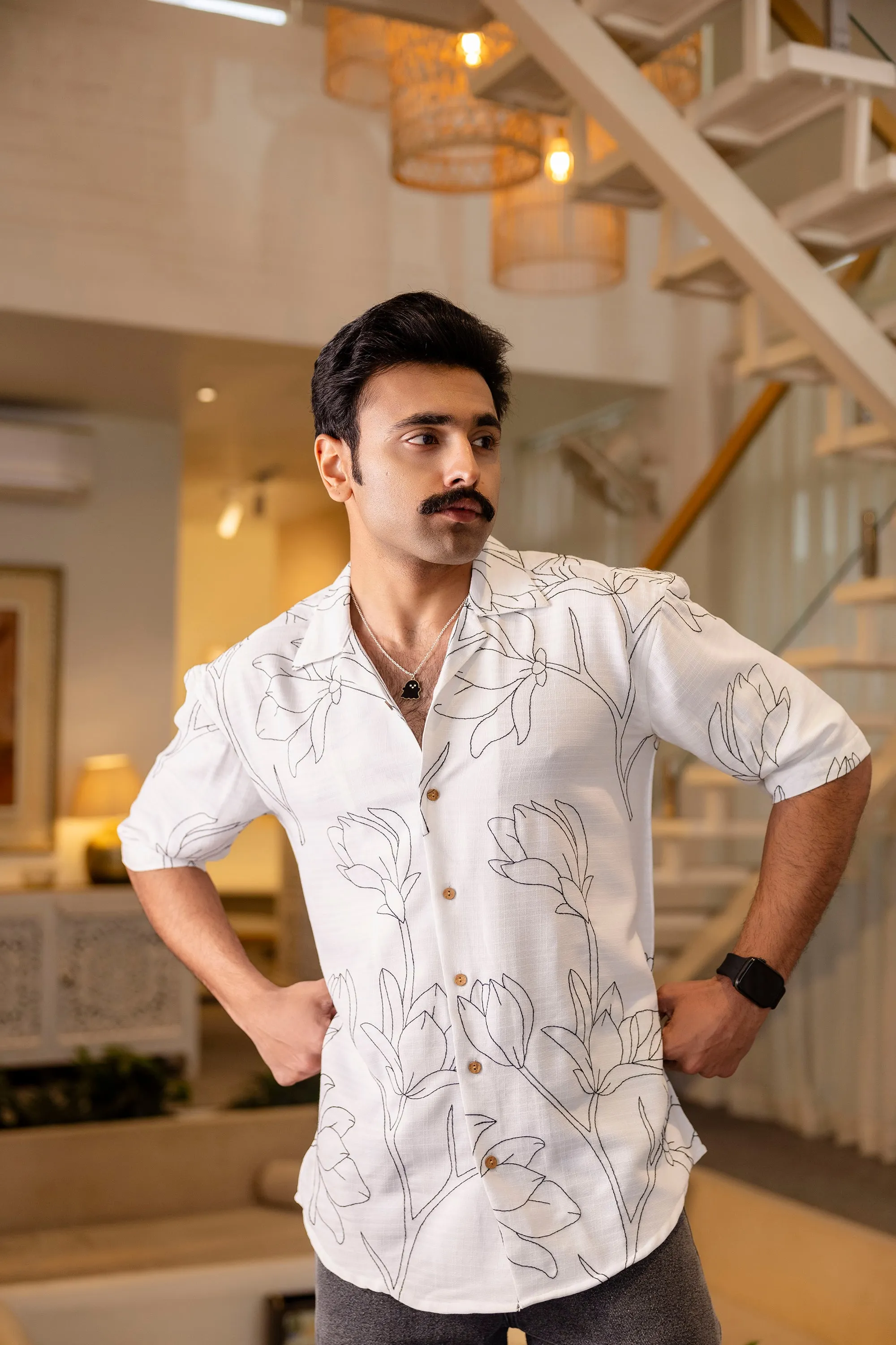 Firangi Yarn White Linen Cuban Collar Embroidered Shirt - Whitefield