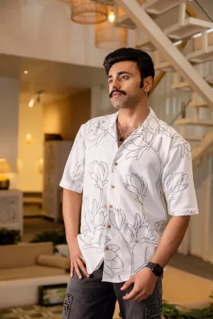 Firangi Yarn White Linen Cuban Collar Embroidered Shirt - Whitefield