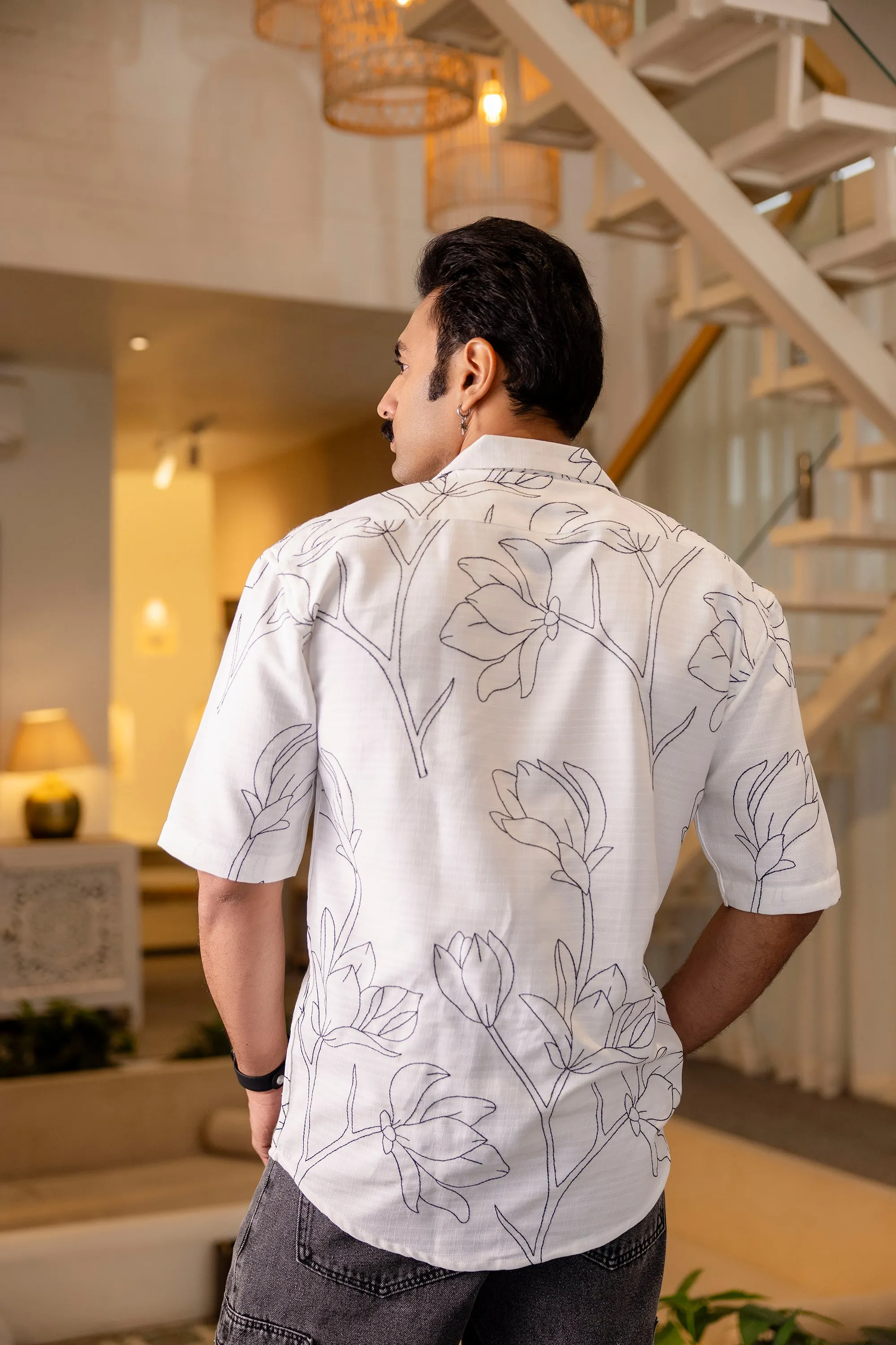 Firangi Yarn White Linen Cuban Collar Embroidered Shirt - Whitefield