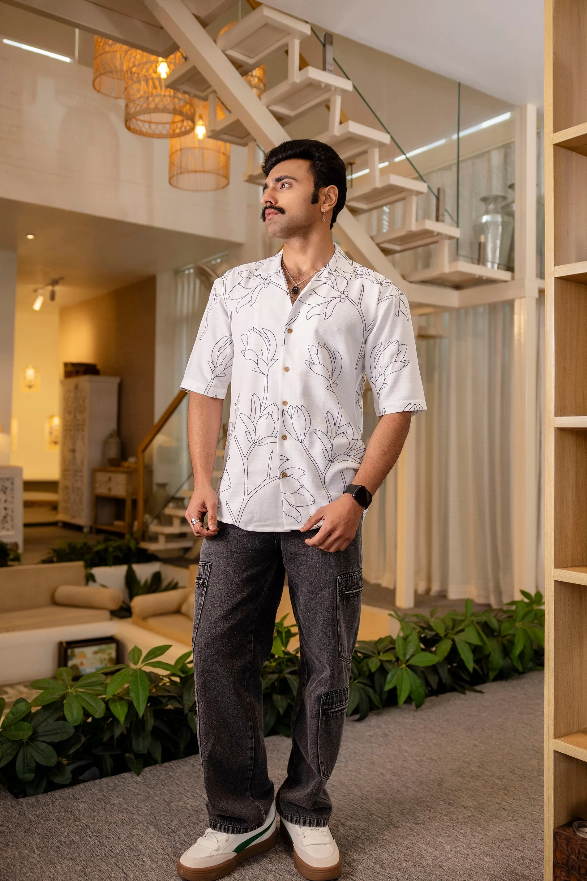 Firangi Yarn White Linen Cuban Collar Embroidered Shirt - Whitefield