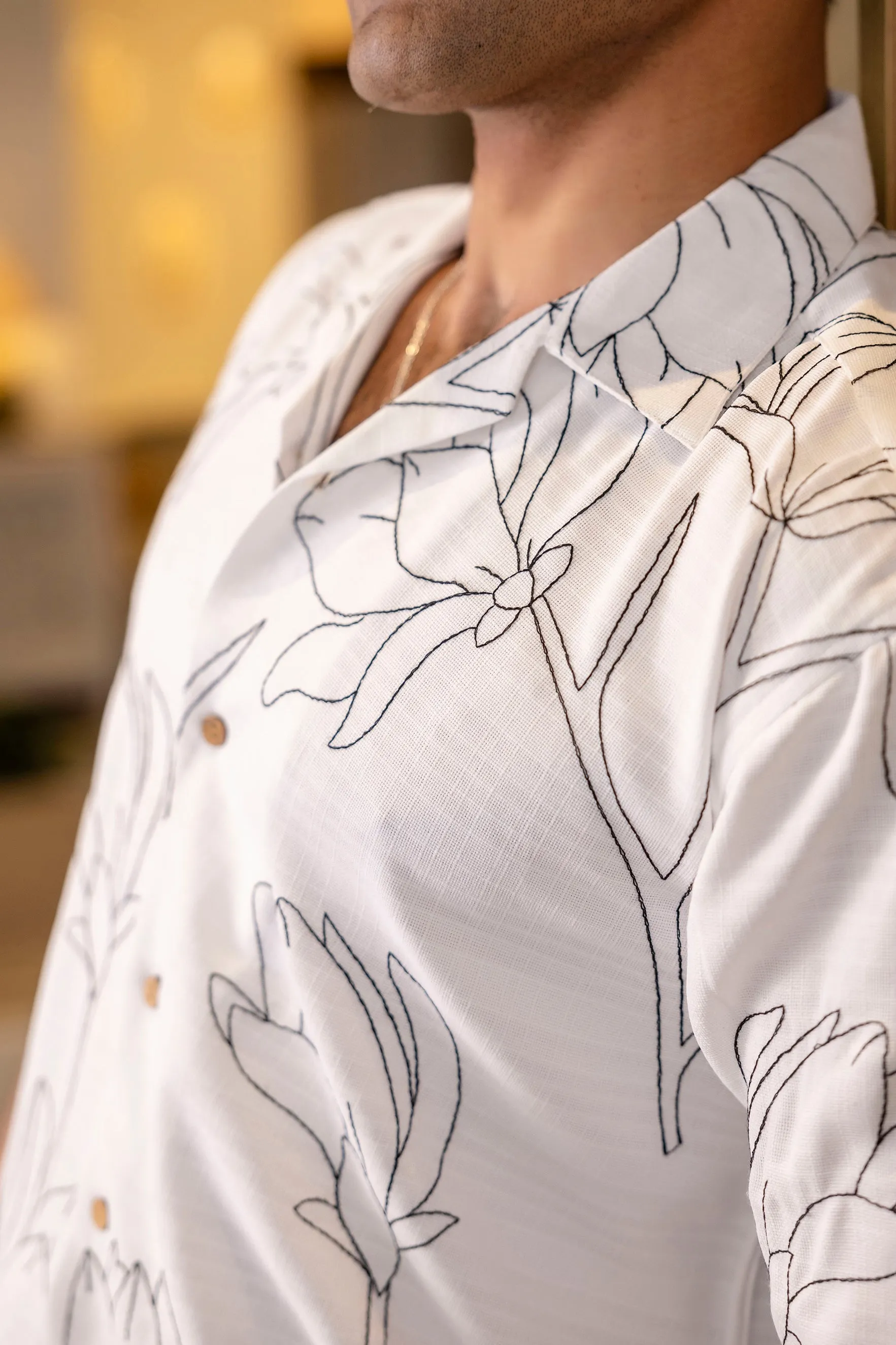 Firangi Yarn White Linen Cuban Collar Embroidered Shirt - Whitefield