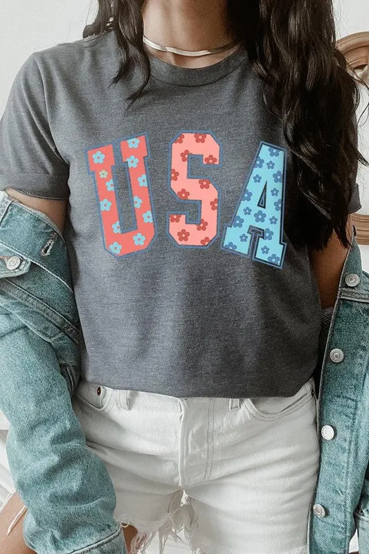Floral USA 4th of July Graphic T Shirts