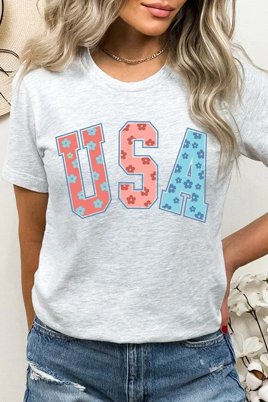 Floral USA 4th of July Graphic T Shirts