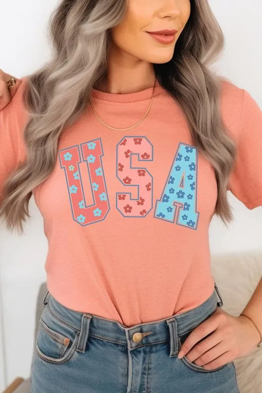 Floral USA 4th of July Graphic T Shirts