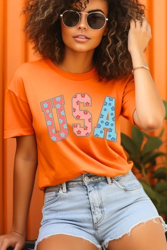 Floral USA 4th of July Graphic T Shirts