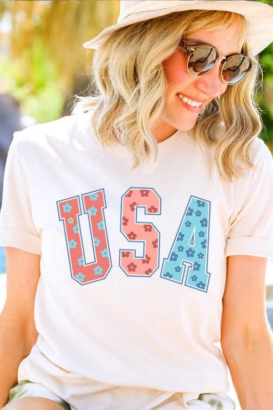Floral USA 4th of July Graphic T Shirts