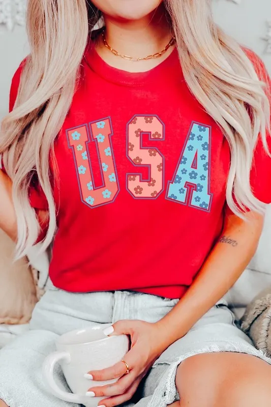 Floral USA 4th of July Graphic T Shirts