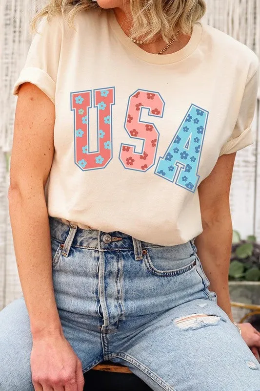 Floral USA 4th of July Graphic T Shirts