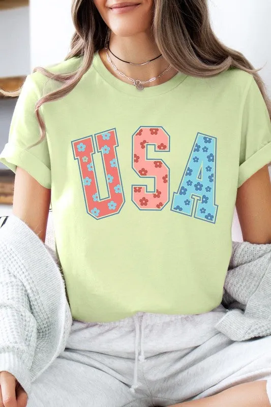 Floral USA 4th of July Graphic T Shirts