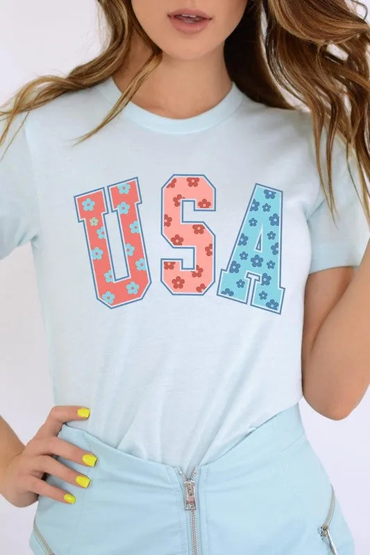 Floral USA 4th of July Graphic T Shirts