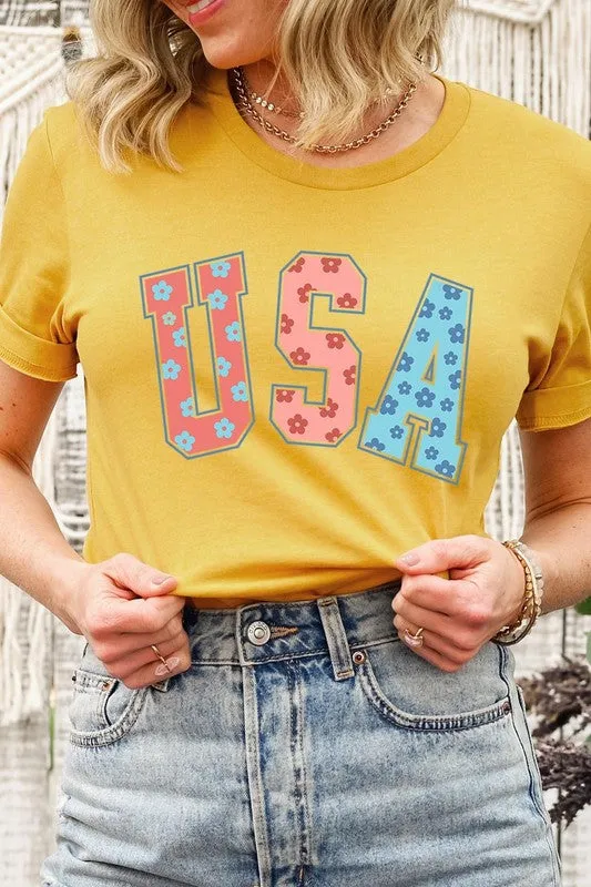 Floral USA 4th of July Graphic T Shirts