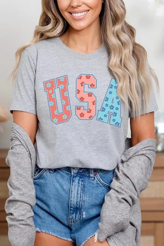 Floral USA 4th of July Graphic T Shirts