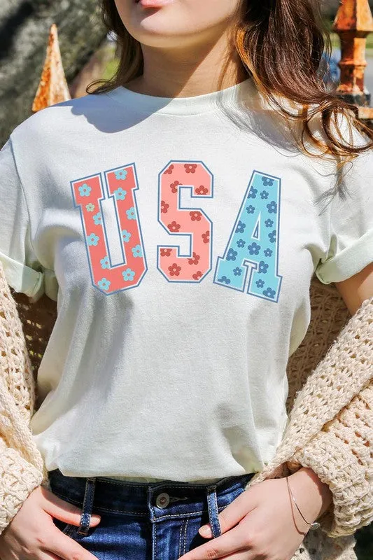 Floral USA 4th of July Graphic T Shirts