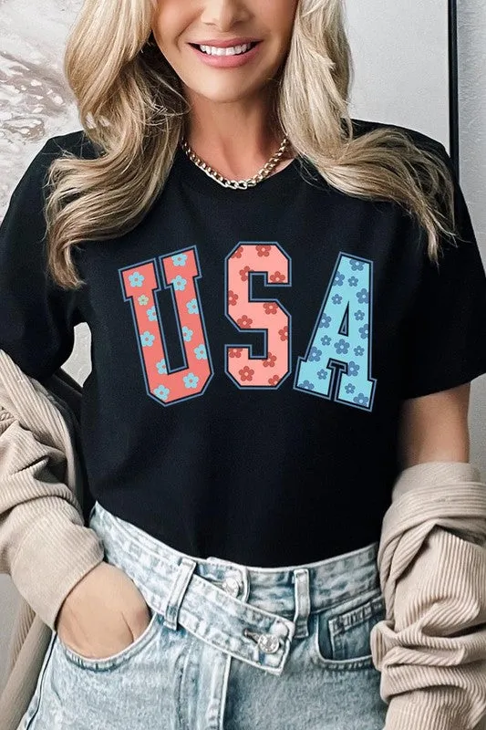 Floral USA 4th of July Graphic T Shirts