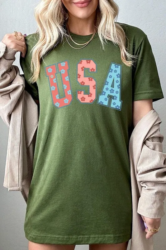 Floral USA 4th of July Graphic T Shirts