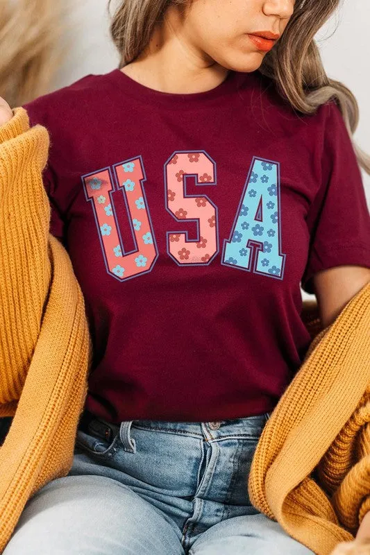 Floral USA 4th of July Graphic T Shirts