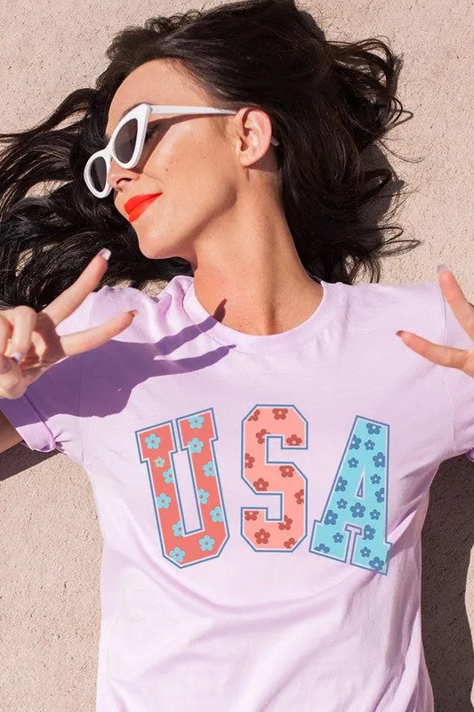 Floral USA 4th of July Graphic T Shirts