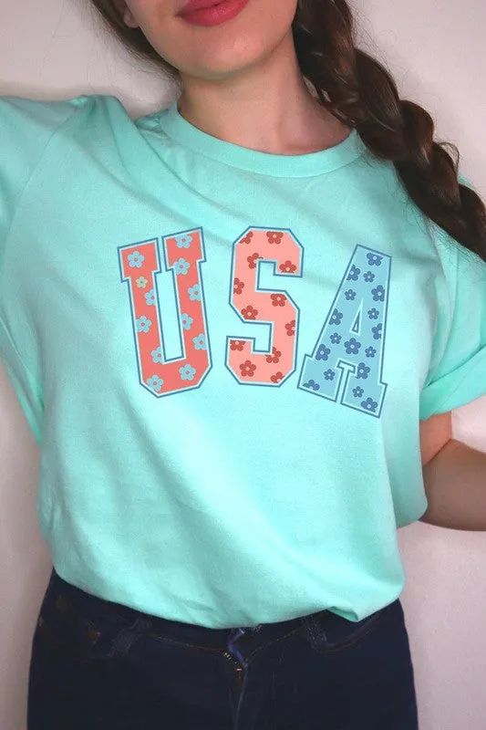 Floral USA 4th of July Graphic T Shirts