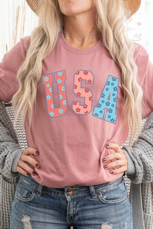 Floral USA 4th of July Graphic T Shirts