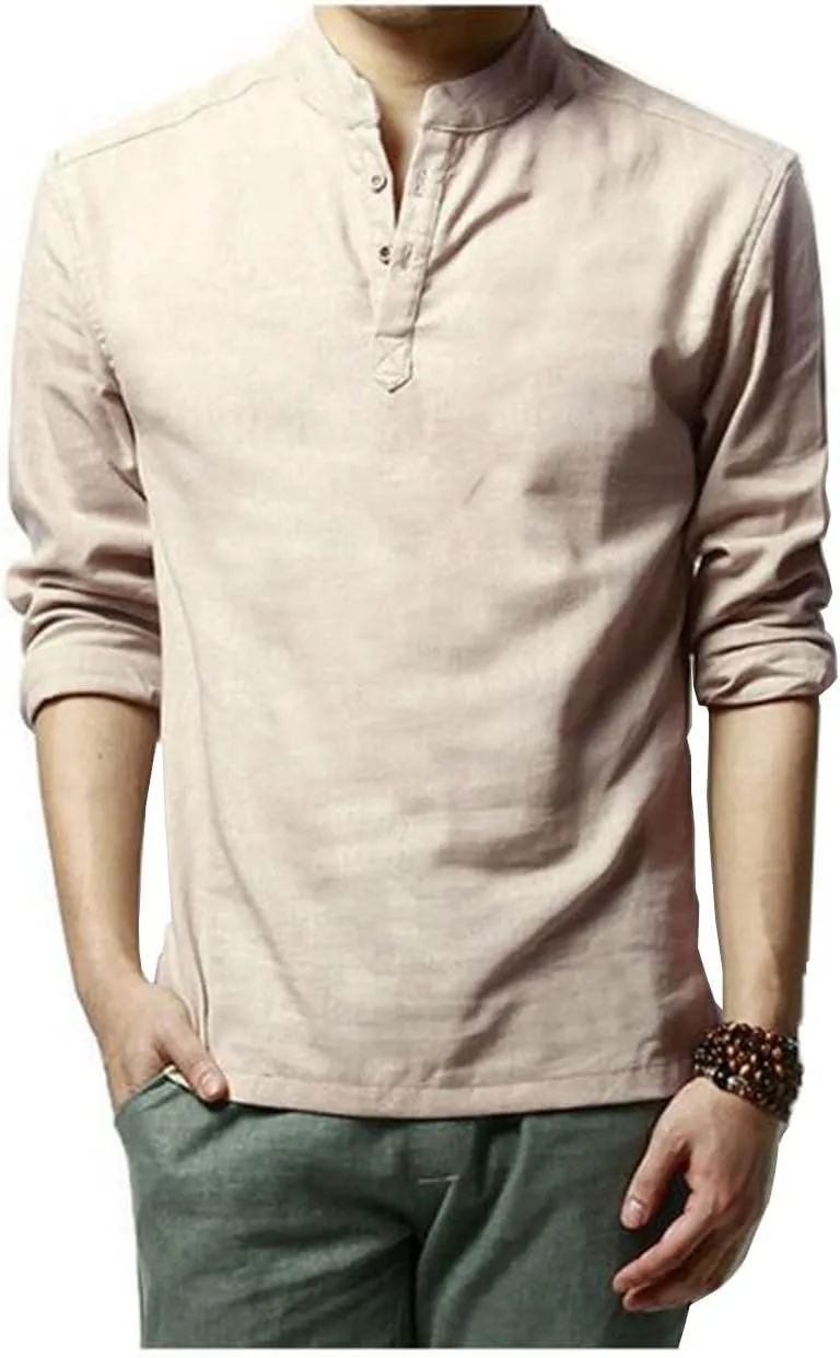 Hoerev Men Casual Long Sleeve Linen Slim Fit Shirts Beach Shirts
