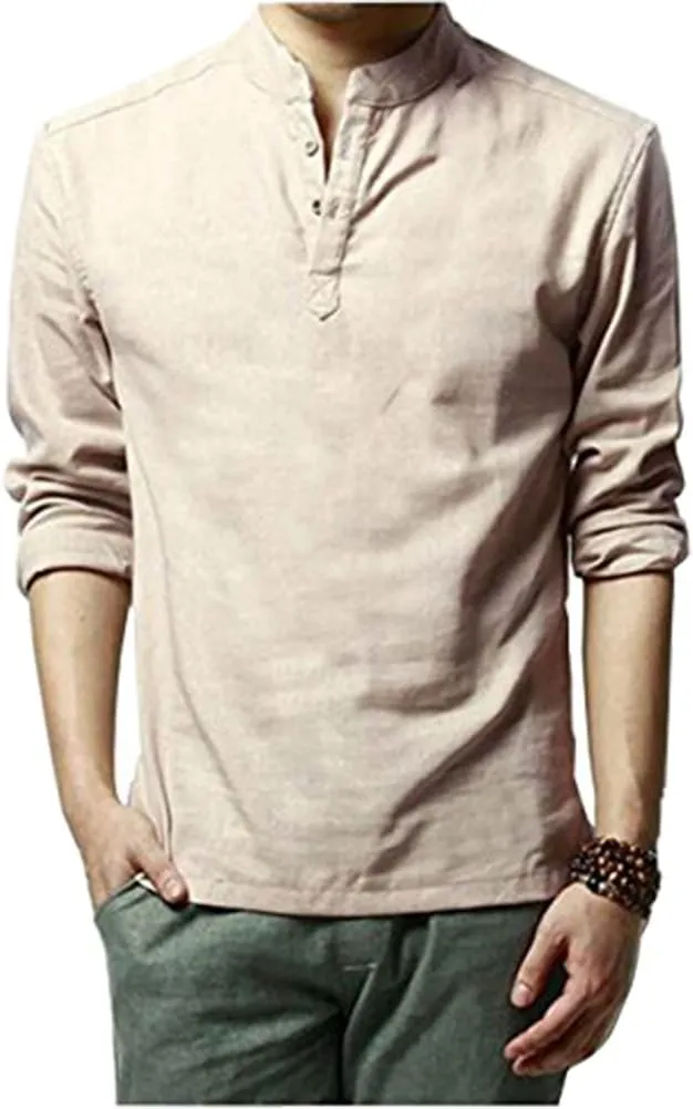 Hoerev Men Casual Long Sleeve Linen Slim Fit Shirts Beach Shirts
