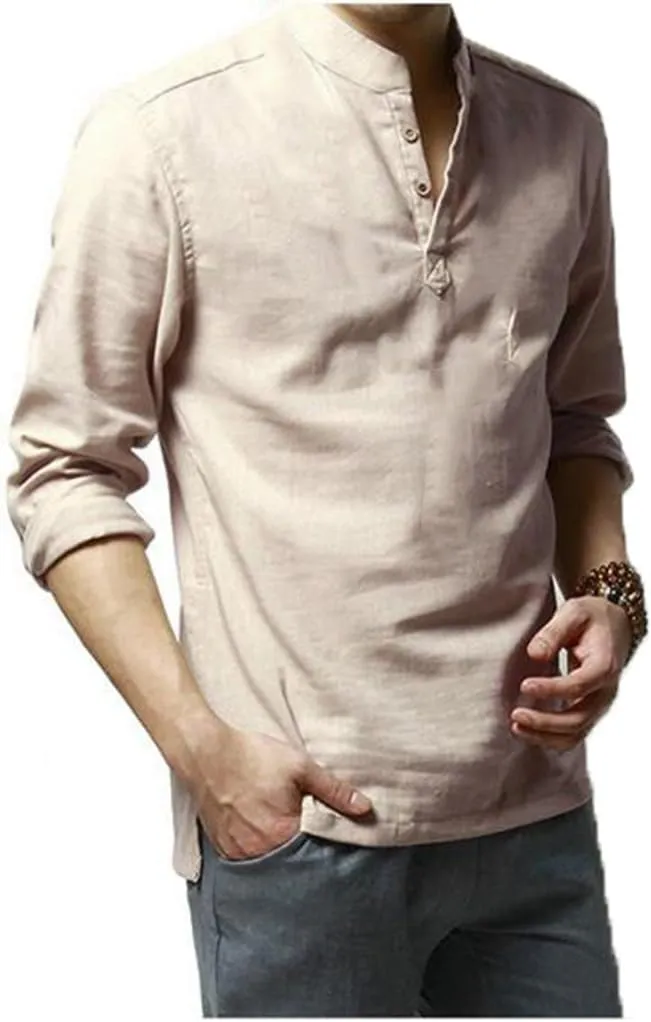 Hoerev Men Casual Long Sleeve Linen Slim Fit Shirts Beach Shirts