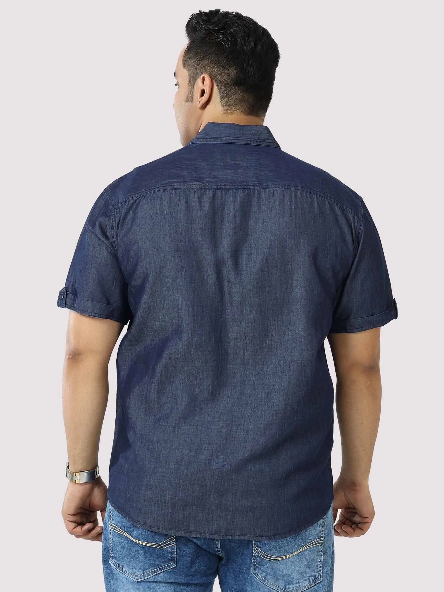 Indigo Denim Double Pocket Half Sleeve Shirt Men's Plus Size