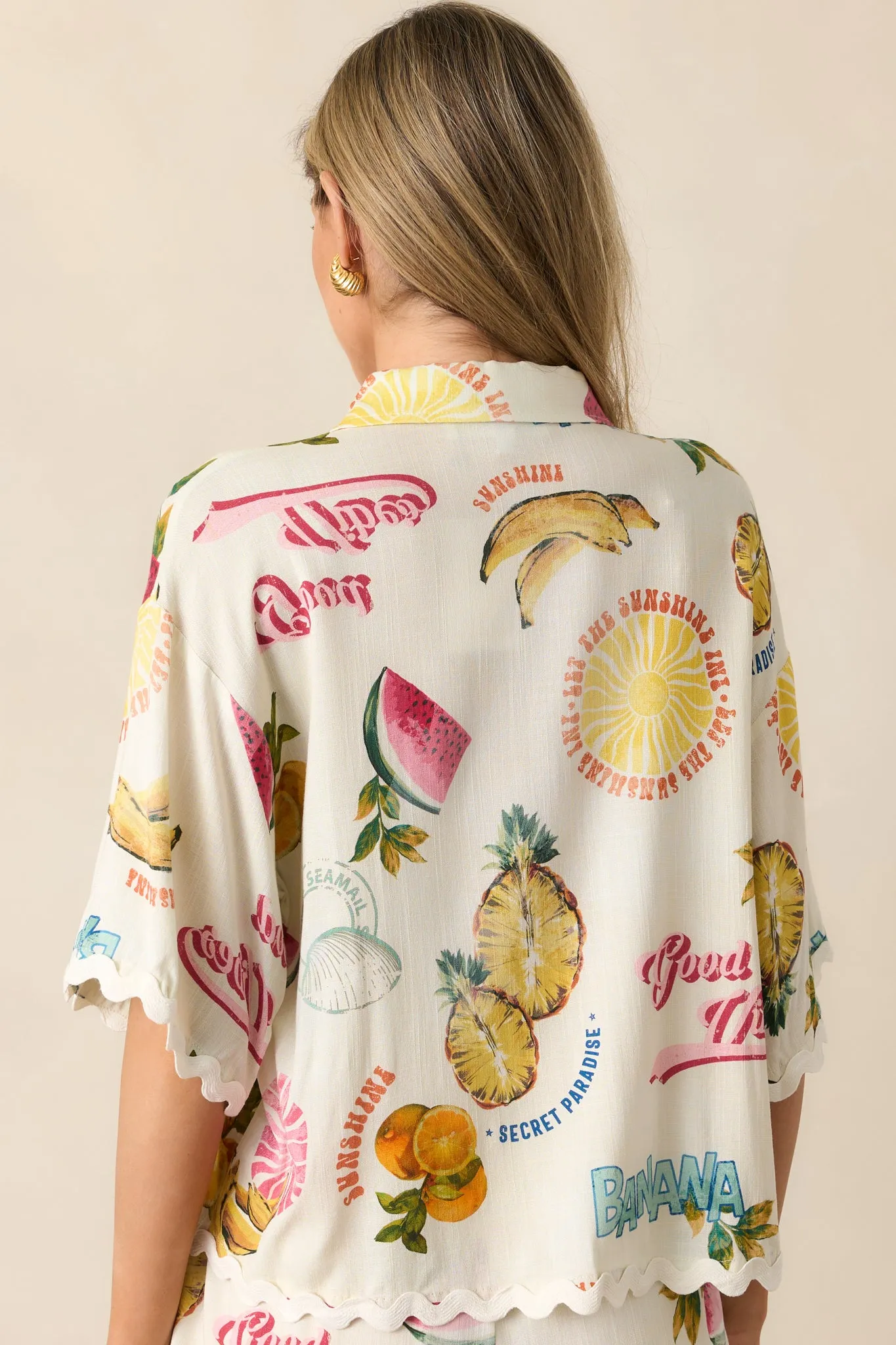 Island Time Ivory Tropical Fruit Print Button Front Top