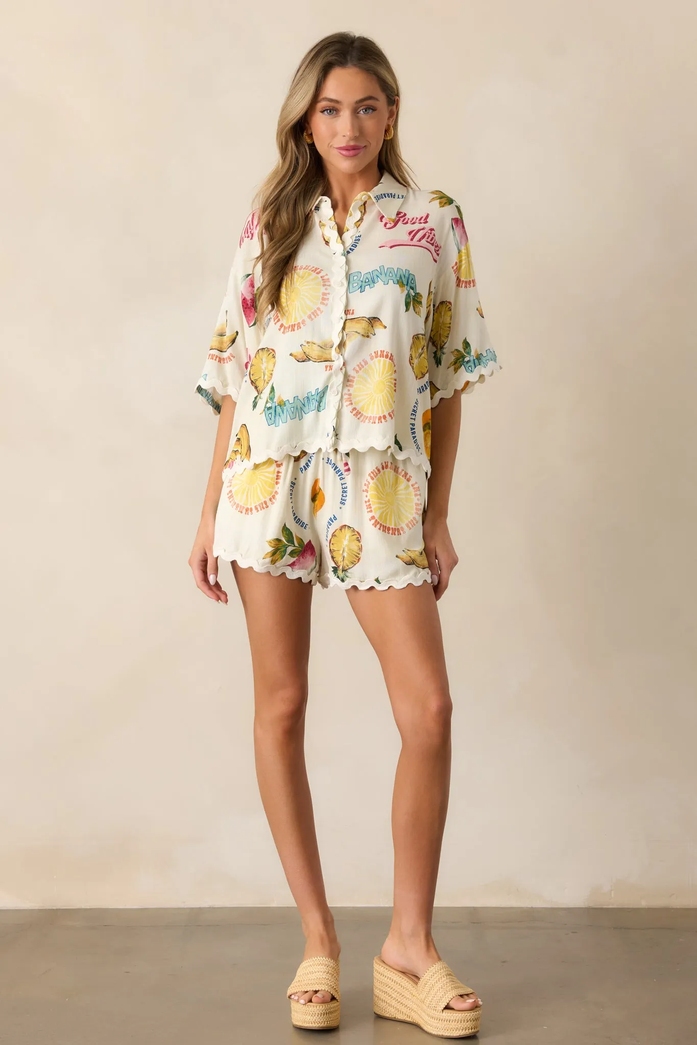 Island Time Ivory Tropical Fruit Print Button Front Top
