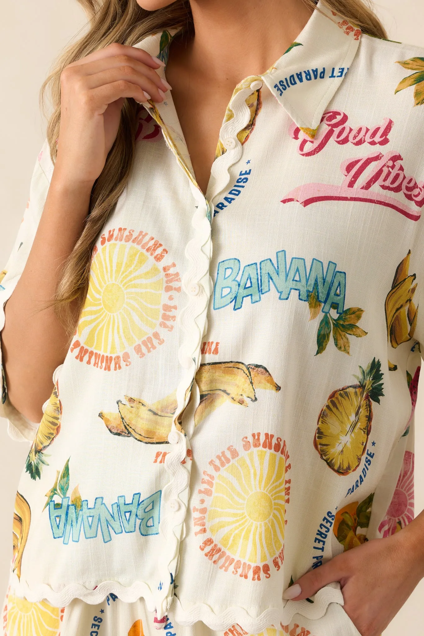 Island Time Ivory Tropical Fruit Print Button Front Top