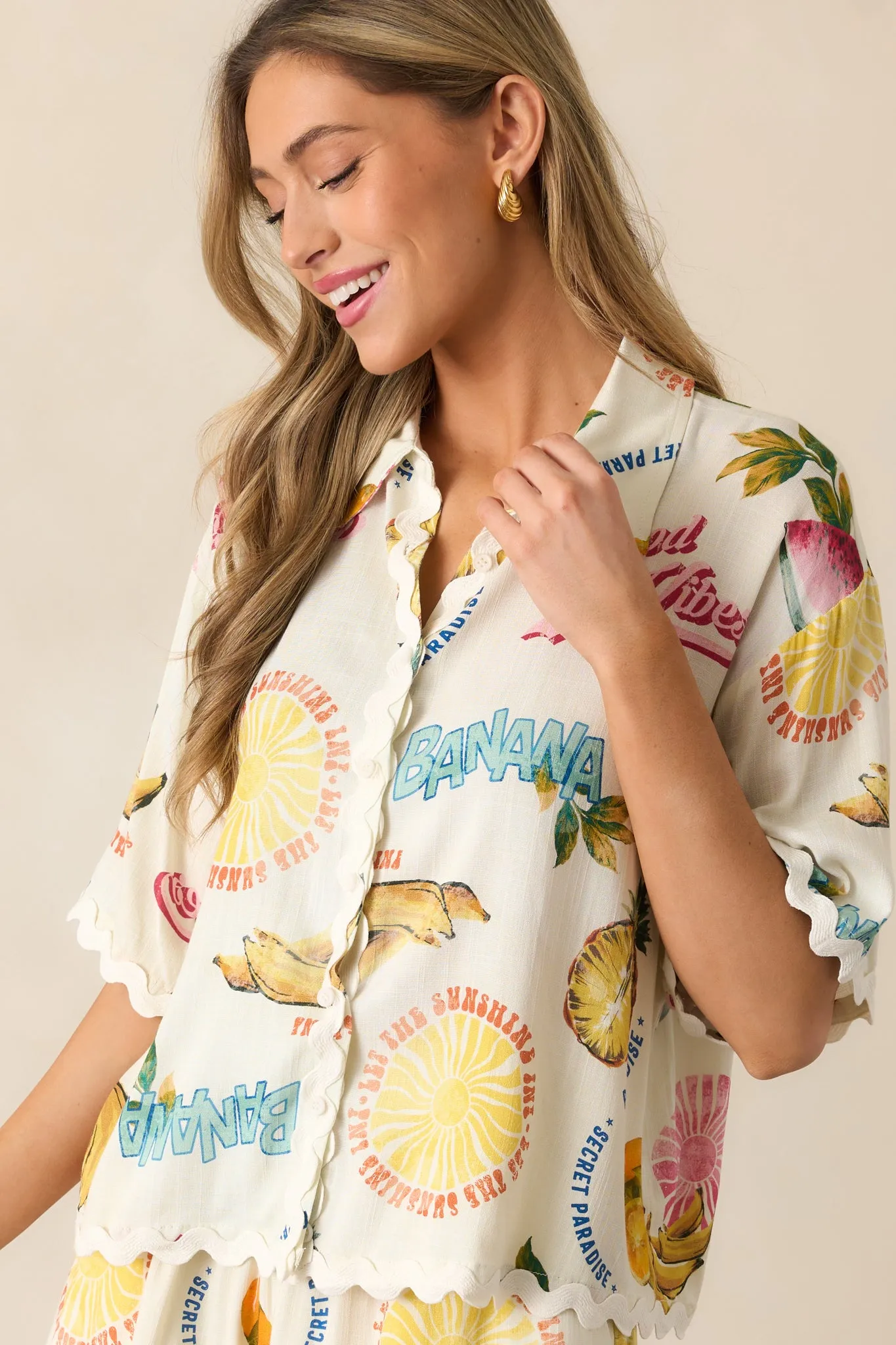 Island Time Ivory Tropical Fruit Print Button Front Top