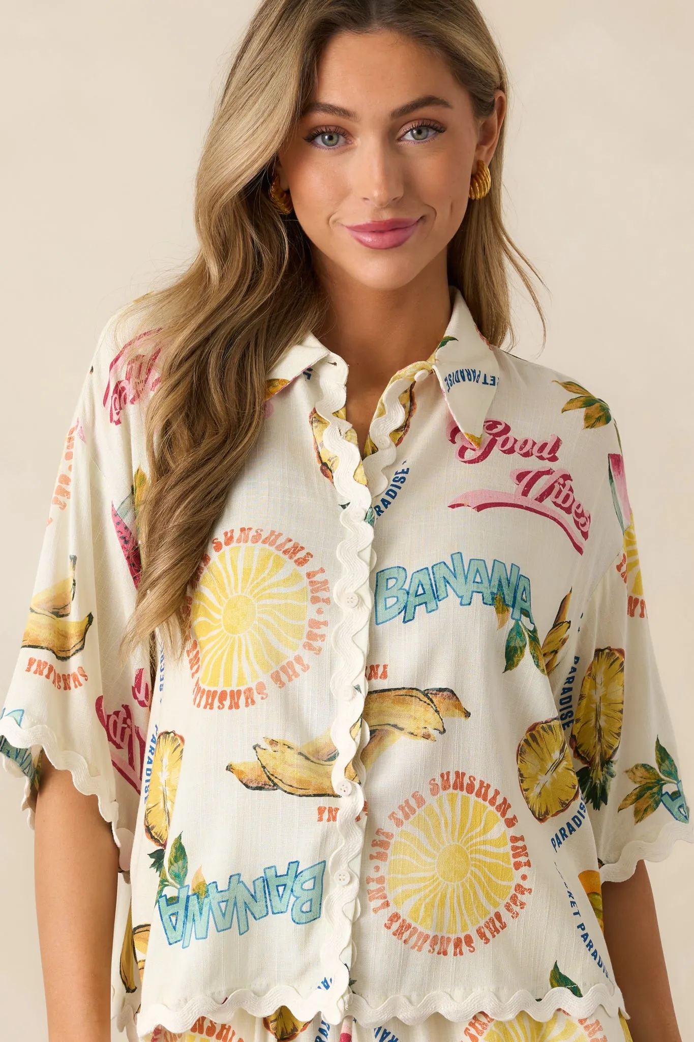 Island Time Ivory Tropical Fruit Print Button Front Top