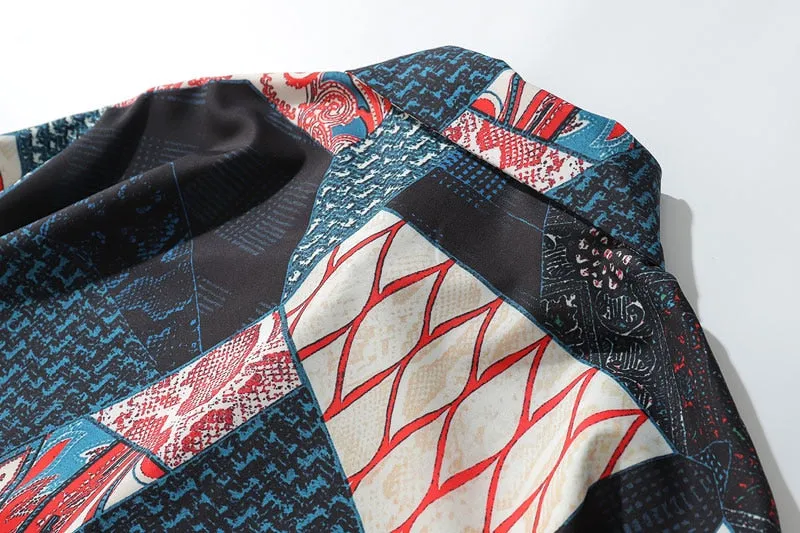 Japanese Ukiyo E Geometry Pattern Casual Streetwear Men Shirt