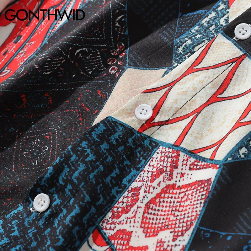 Japanese Ukiyo E Geometry Pattern Casual Streetwear Men Shirt