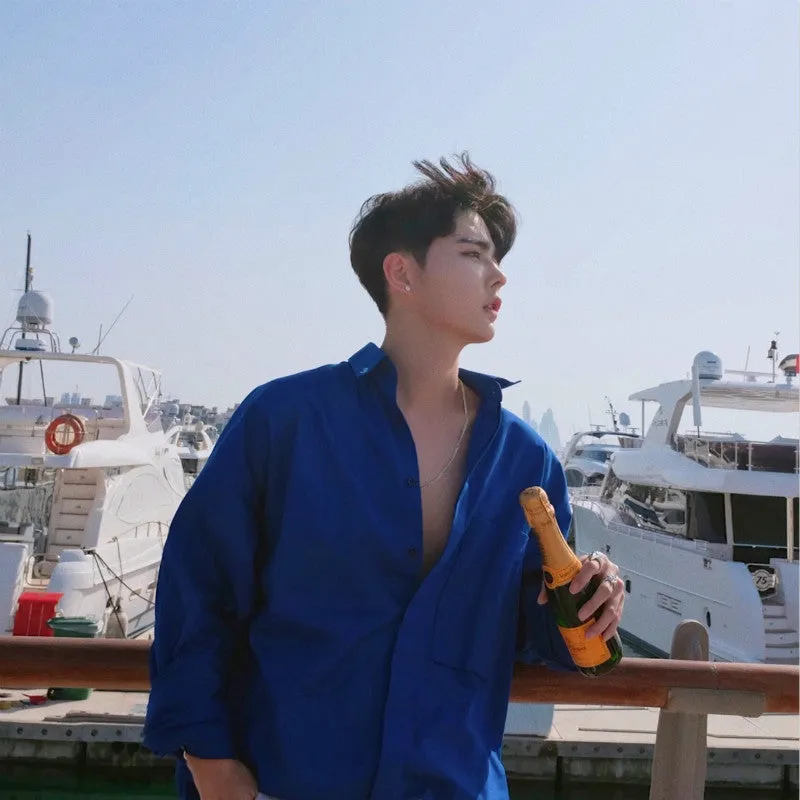 Korean Classic Blue Long Sleeves Loose Style Men Shirts