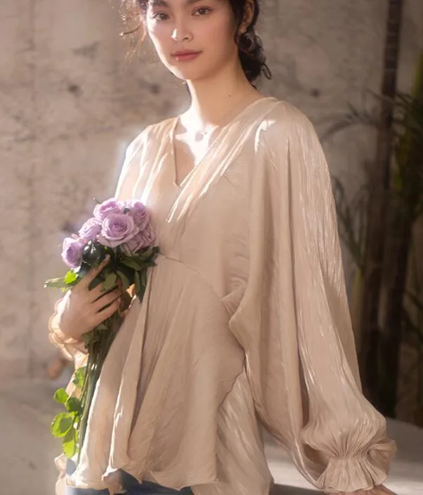 Loose Silk Women Shirts Tops Lantern Sleeve Spring Women blouseJJ961707