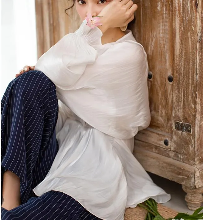 Loose Silk Women Shirts Tops Lantern Sleeve Spring Women blouseJJ961707
