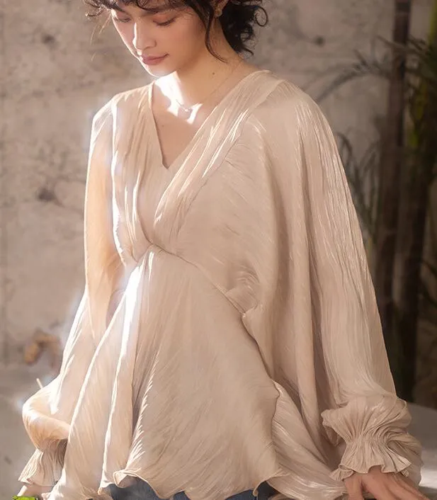 Loose Silk Women Shirts Tops Lantern Sleeve Spring Women blouseJJ961707