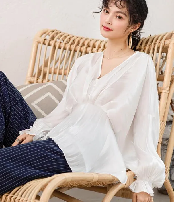 Loose Silk Women Shirts Tops Lantern Sleeve Spring Women blouseJJ961707