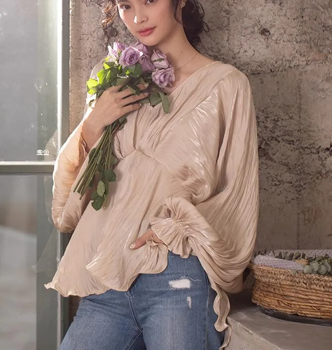 Loose Silk Women Shirts Tops Lantern Sleeve Spring Women blouseJJ961707
